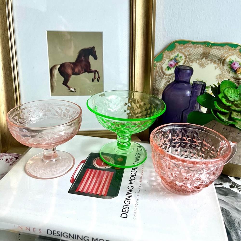 Depression Glass green uranium glass, Hazel Atlas Cloverleaf, pink glass cup